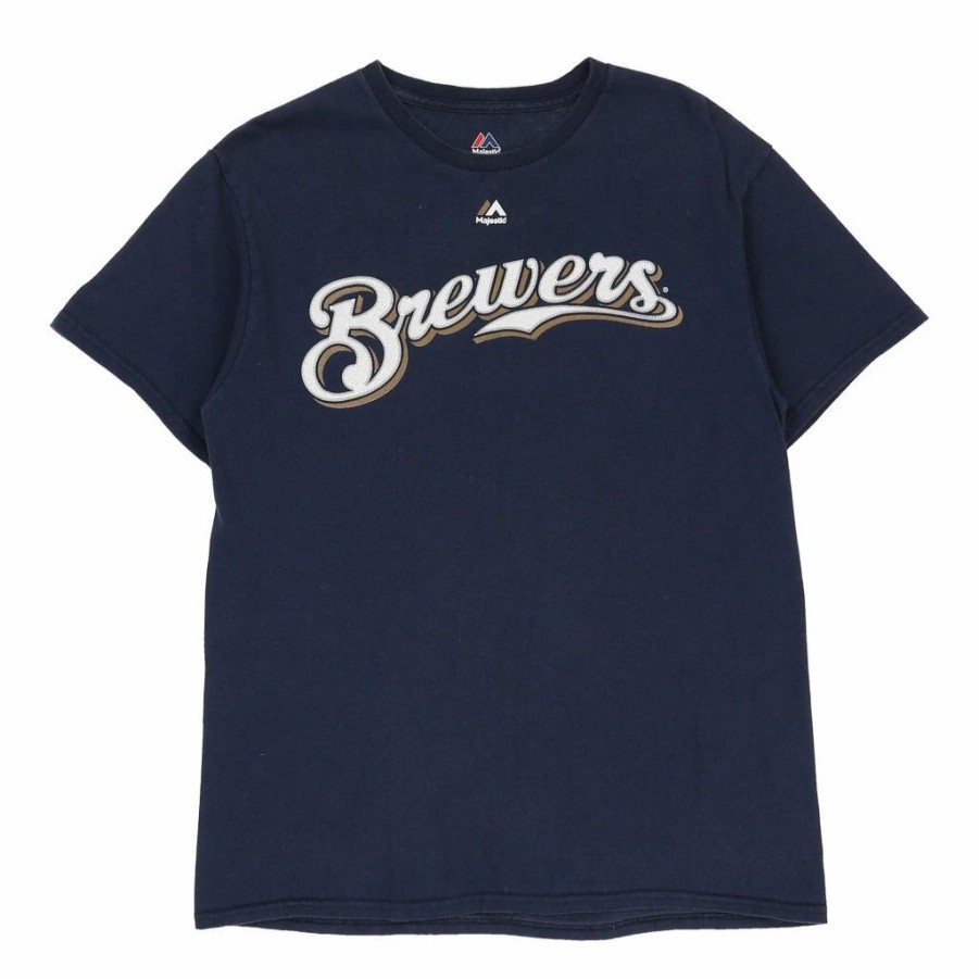 Vintage T-Shirts * | Vintage Milwaukee Brewers Majestic T-Shirt Medium Navy Cotton