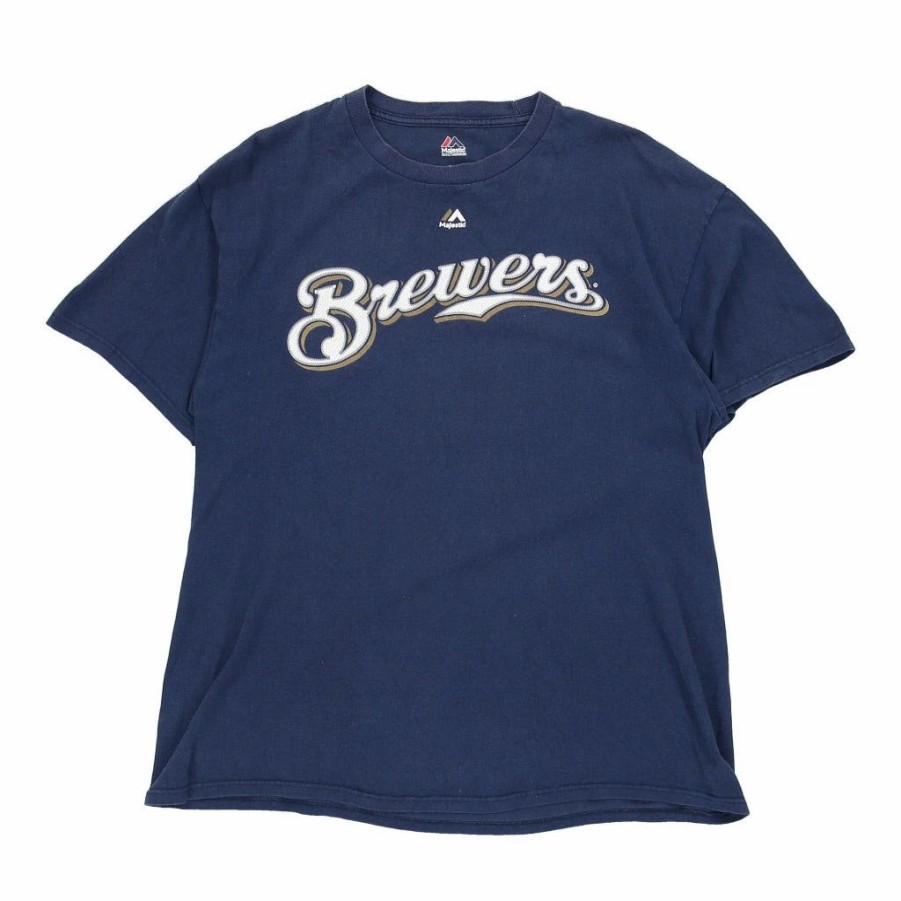 Vintage T-Shirts * | Vintage Milwaukee Brewers Majestic T-Shirt Large Blue Cotton