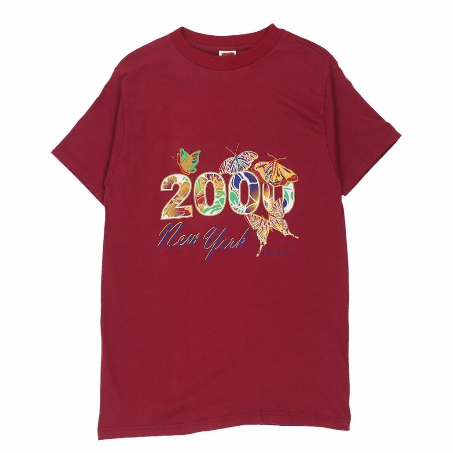 Vintage T-Shirts * | Vintage New York 2000 Fruit Of The Loom T-Shirt Medium Burgundy Cotton