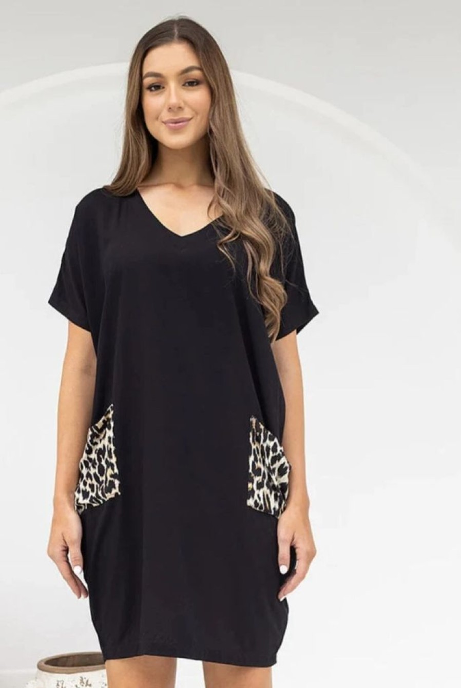 Mum Friendly * | Sophy Black Dress With Leopard Dress