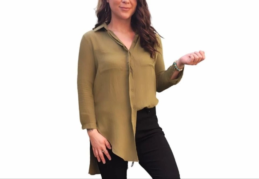 Mum Friendly * | Clover Khaki Button Up Long Sleeve Top