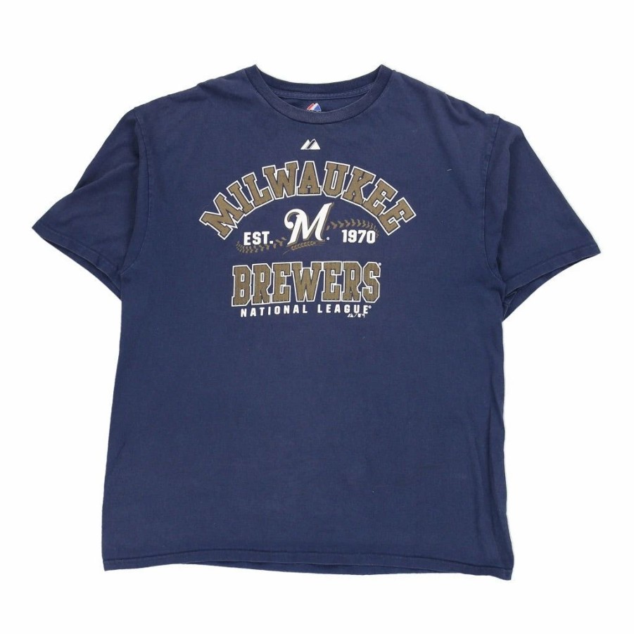 Vintage T-Shirts * | Vintage Milwaukee Brewers Majestic T-Shirt Xl Navy Cotton