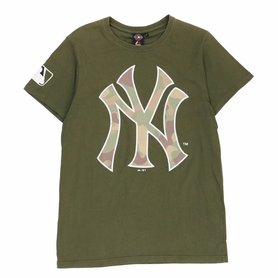 Vintage T-Shirts * | Vintage New York Yankees Majestic T-Shirt Medium Khaki Cotton