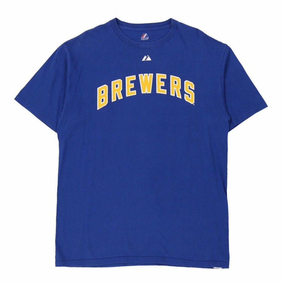 Vintage T-Shirts * | Vintage Milwaukee Brewers Majestic T-Shirt Large Blue Cotton