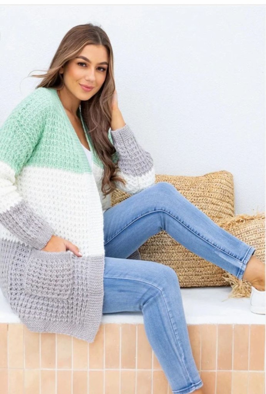 Mum Friendly * | Cassa Green, Grey & White Knit Cardigan