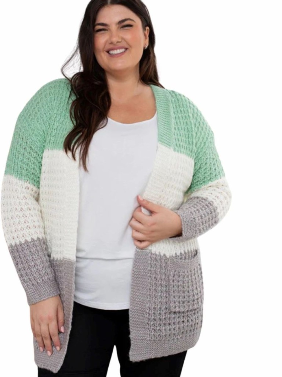 Mum Friendly * | Cassa Green, Grey & White Knit Cardigan